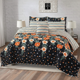 Black Orange Floral Polka Dot Comforter - Straight Front View