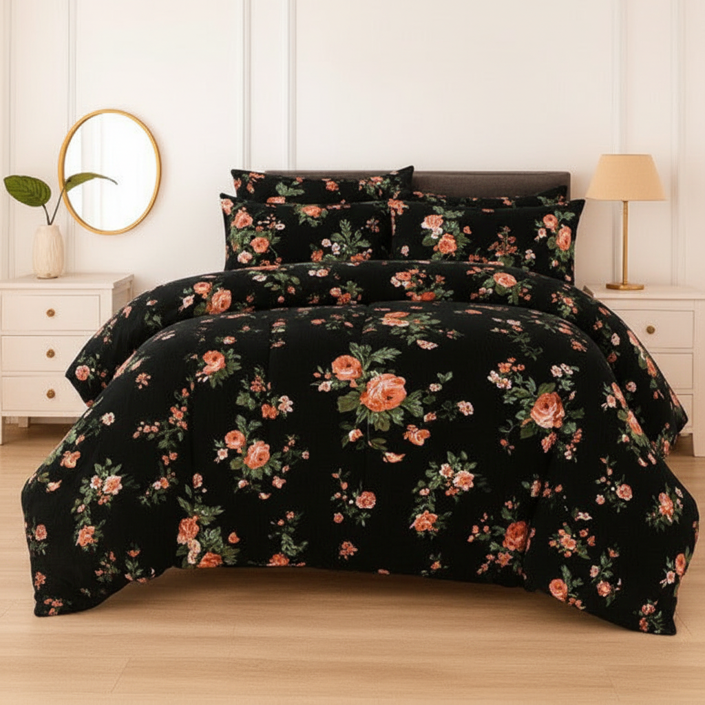Black Rose Floral Comforter - Straight Front View