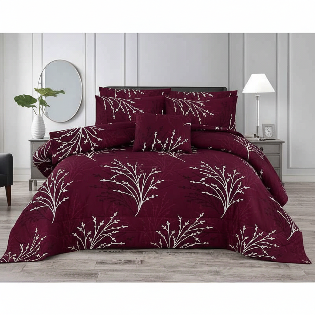 Burgundy Branch Print Comforter - Straight Front View