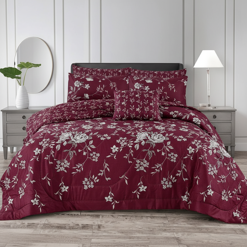 Burgundy Floral Rose Comforter - Straight Front View