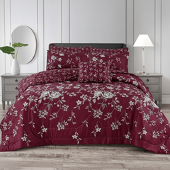 Burgundy Floral Rose Comforter - Straight Front View
