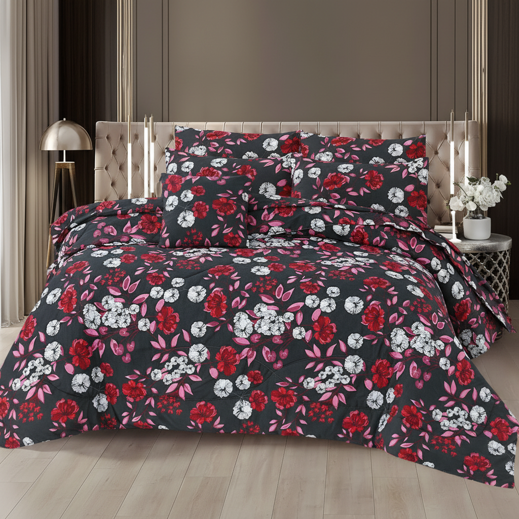 Dark Grey Red Floral Comforter - Straight