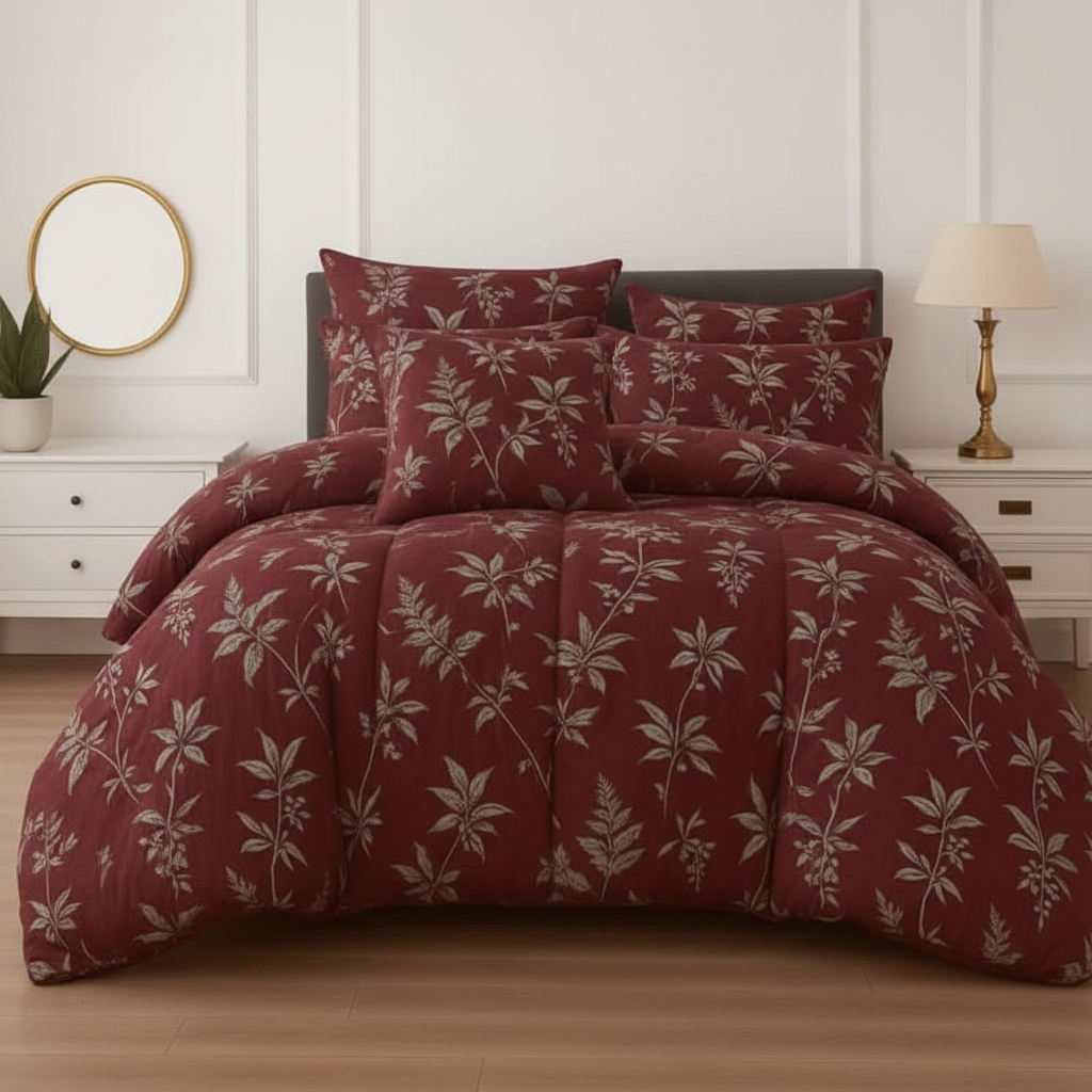 Dark Maroon Botanical Leaf Comforter - Straight Front View