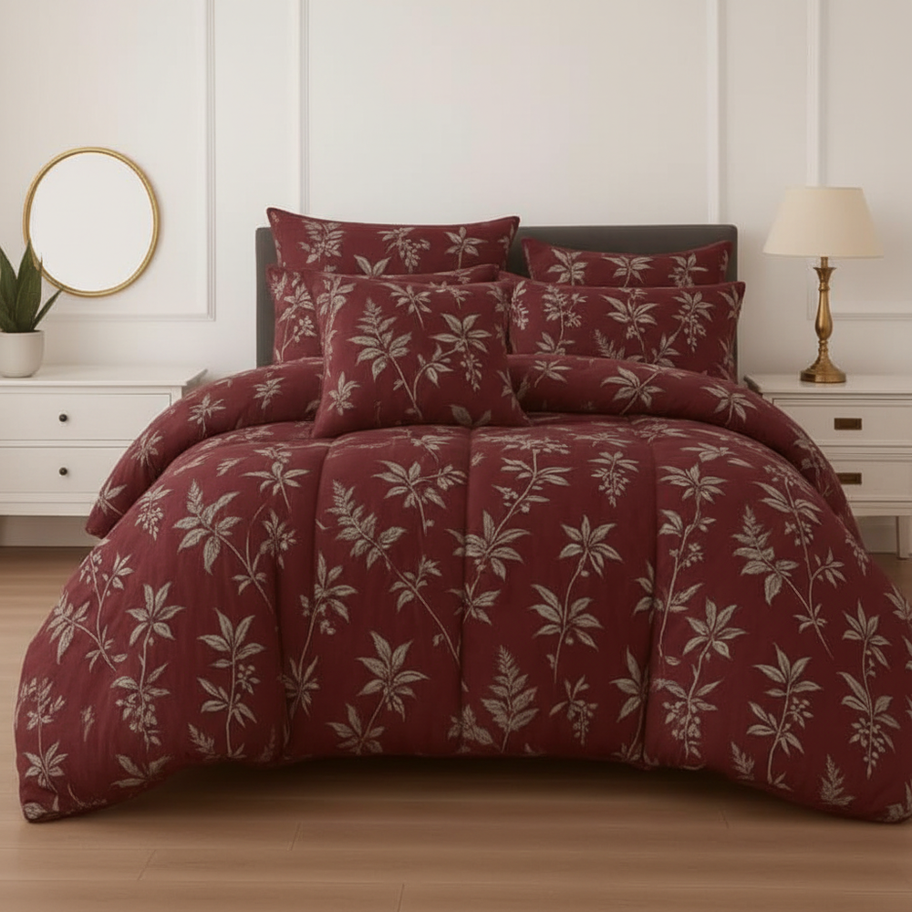Dark Maroon Botanical Leaf Comforter - Straight Front View