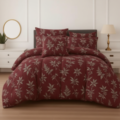 Dark Maroon Botanical Leaf Comforter - Straight Front View