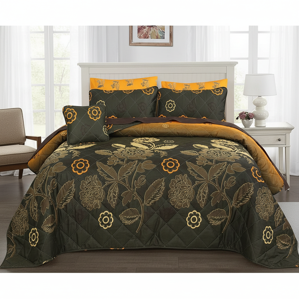 Dark Olive Gold Floral Comforter - Straight Front View