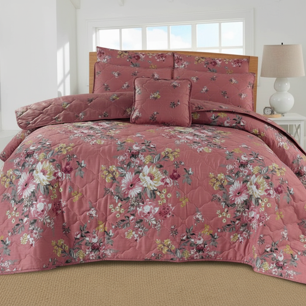 Dusty Rose Floral Comforter - Straight Front View