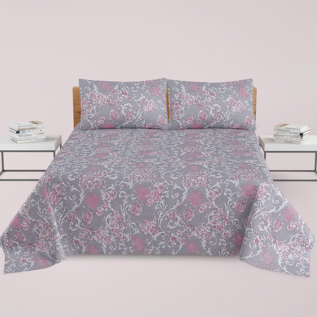 Grey Pink Rose Damask - Straight