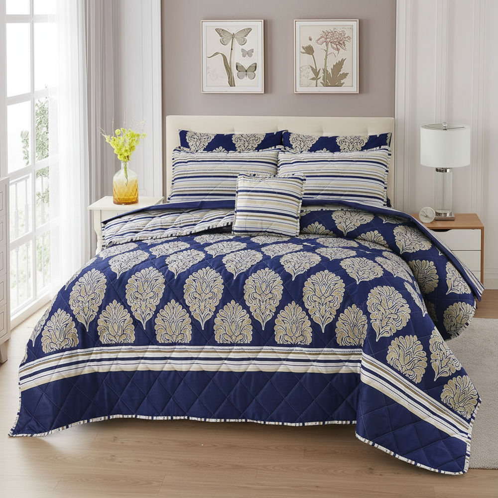 Navy Blue Paisley Medallion Comforter - Straight Front View