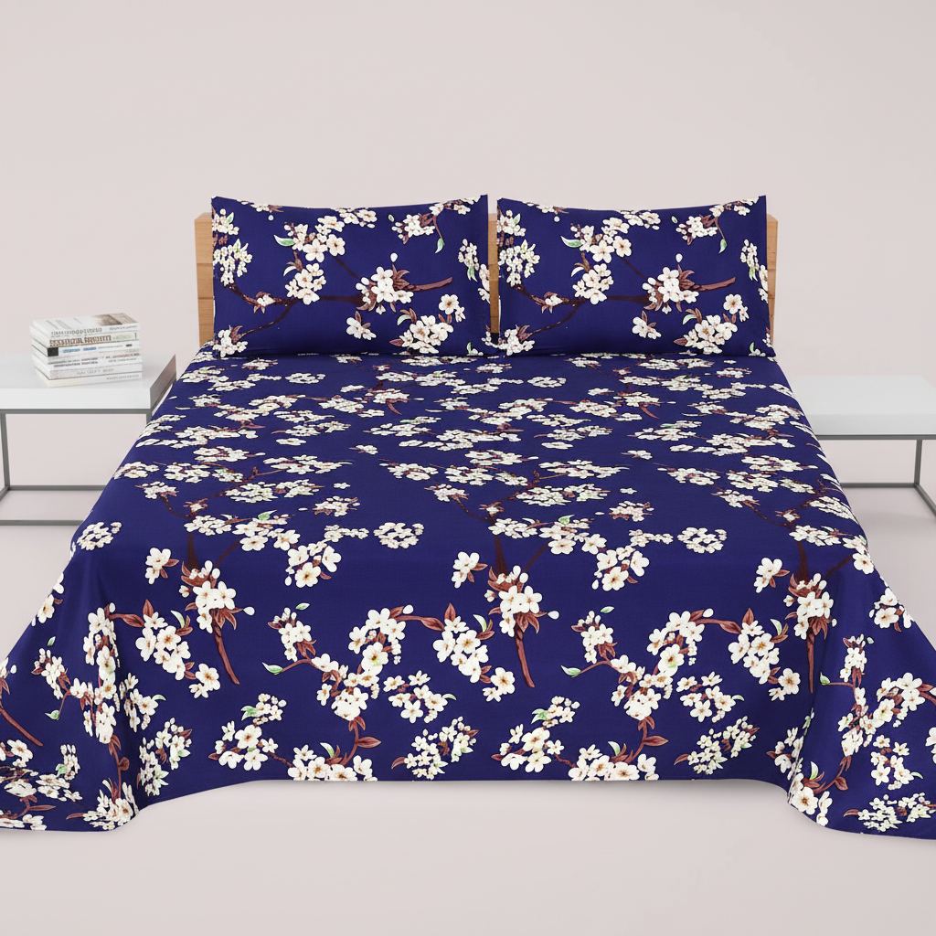 Navy Blue White Cherry Blossom - Straight
