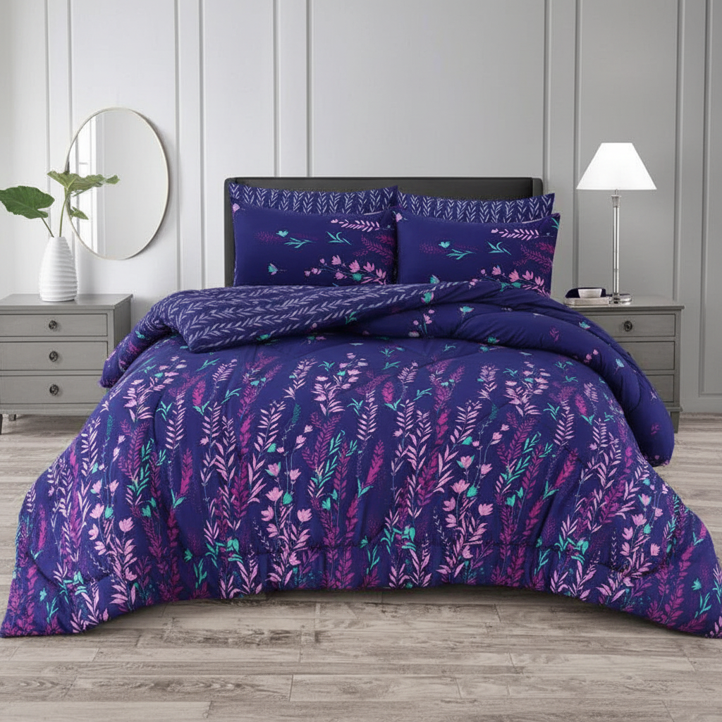 Navy Blue Wildflower Comforter - Straight
