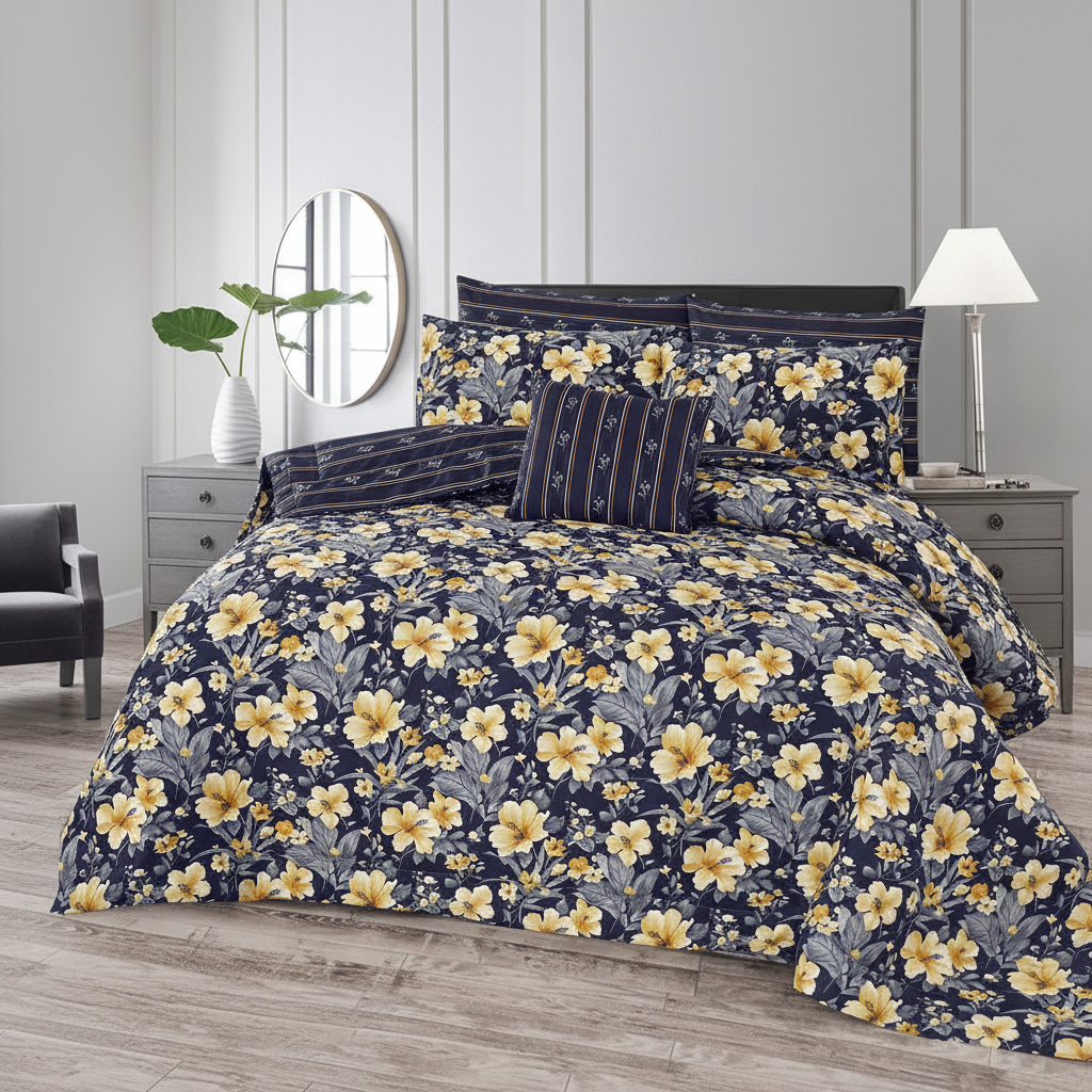 Navy Yellow Hibiscus Comforter - Straight