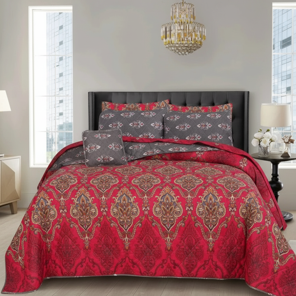 Red Paisley Damask Comforter - Straight Front View