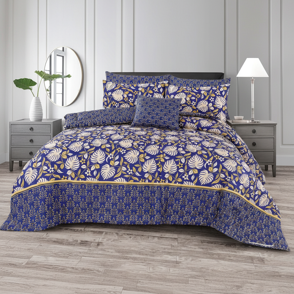 Royal Blue Monstera Leaf Bedsheet - Straight Front View
