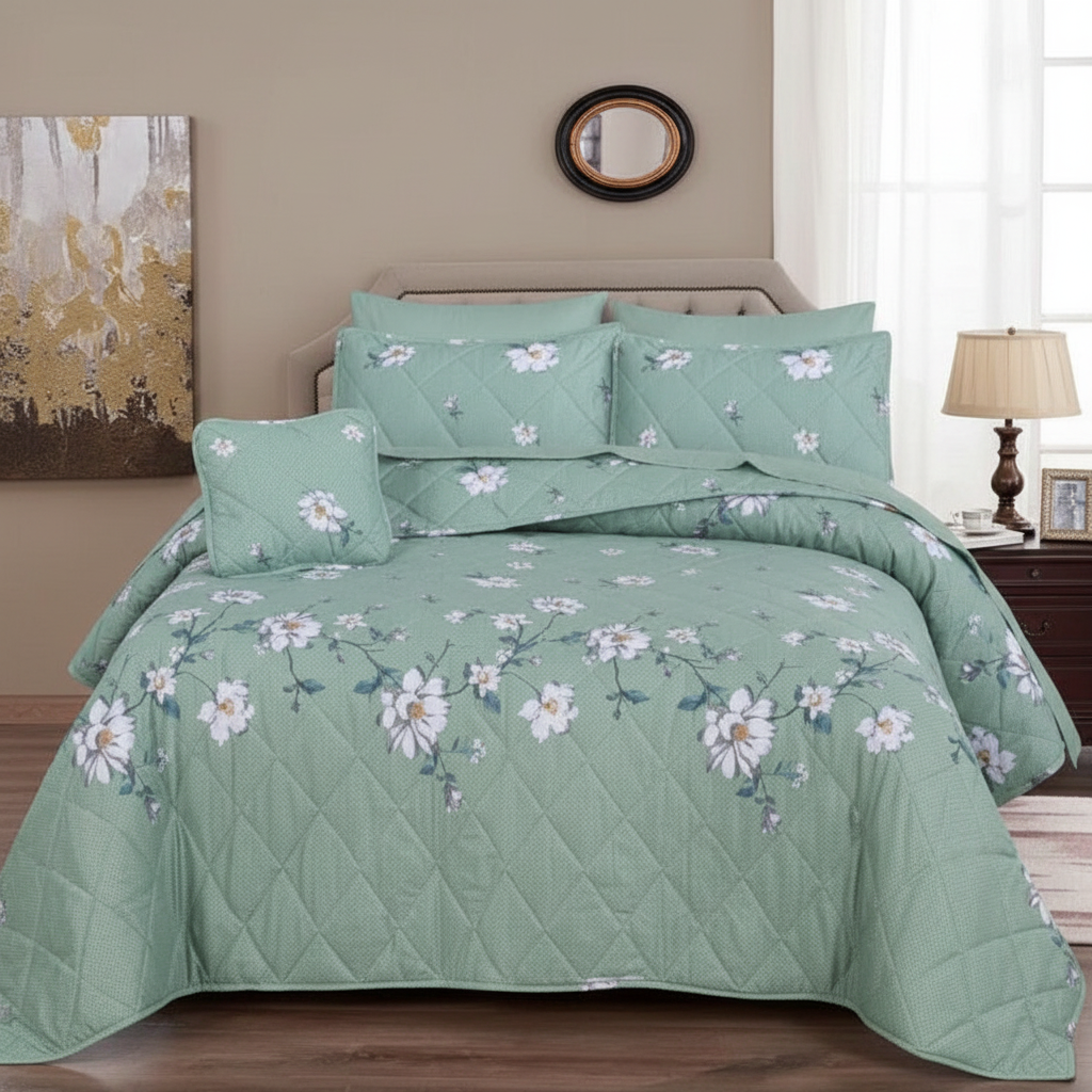 Sage Green Daisy Comforter - Straight Front View