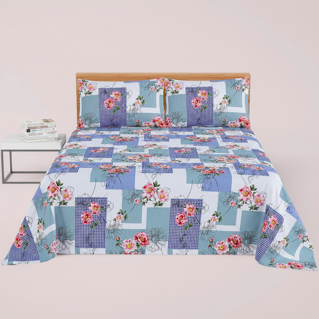 Steel Blue White Grid Pink Peony - Straight