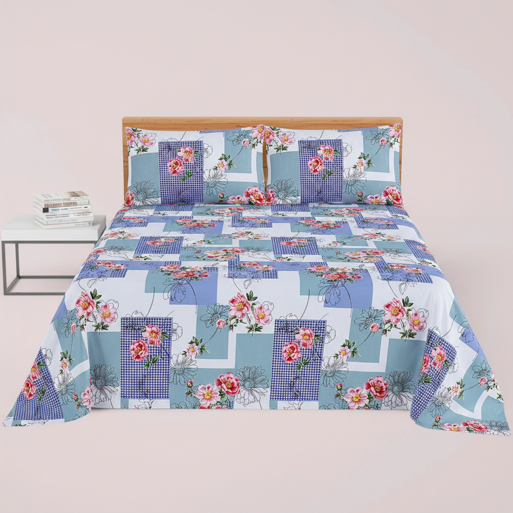 Steel Blue White Grid Pink Peony - Straight
