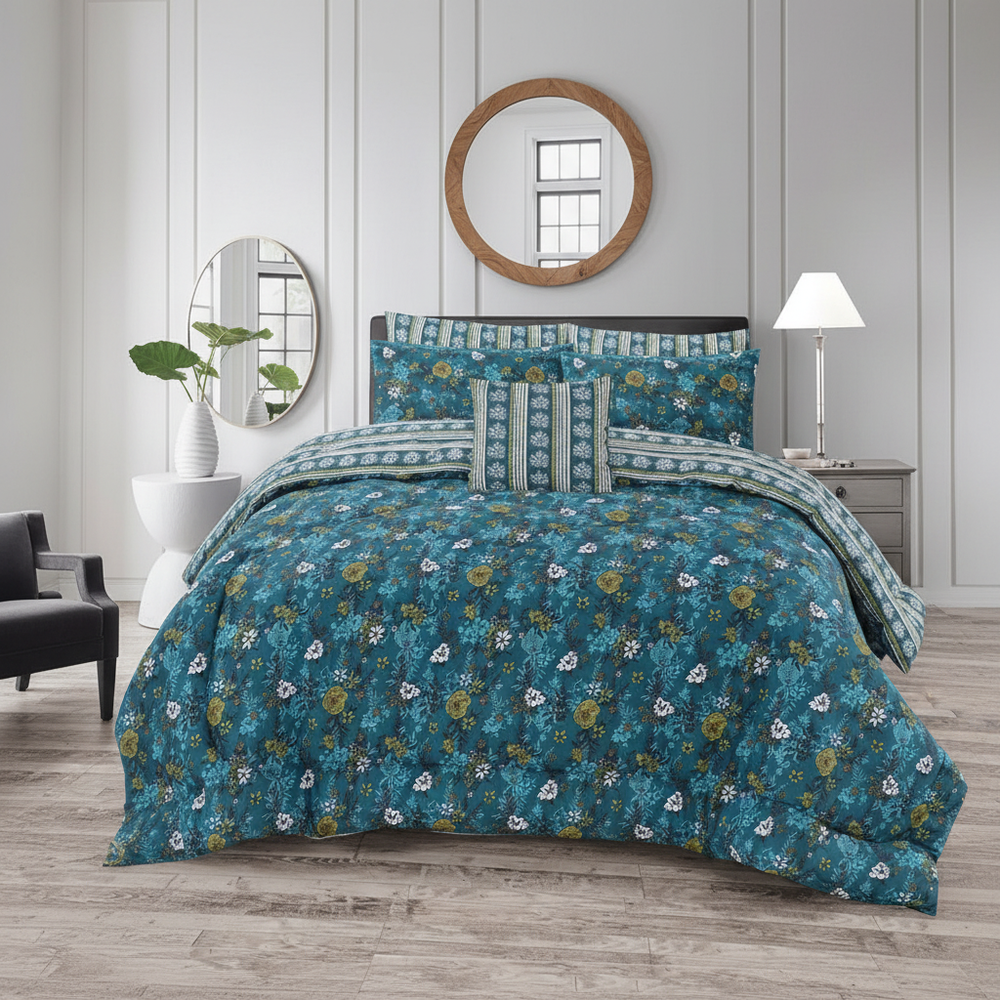 Teal Floral Comforter - Straight Front View