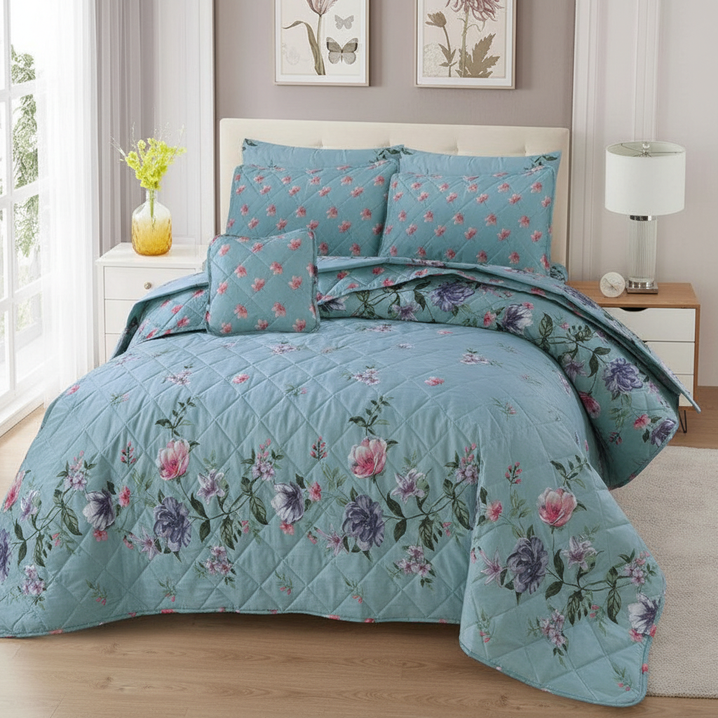 Teal Floral Quilted Comforter - Straight Front View