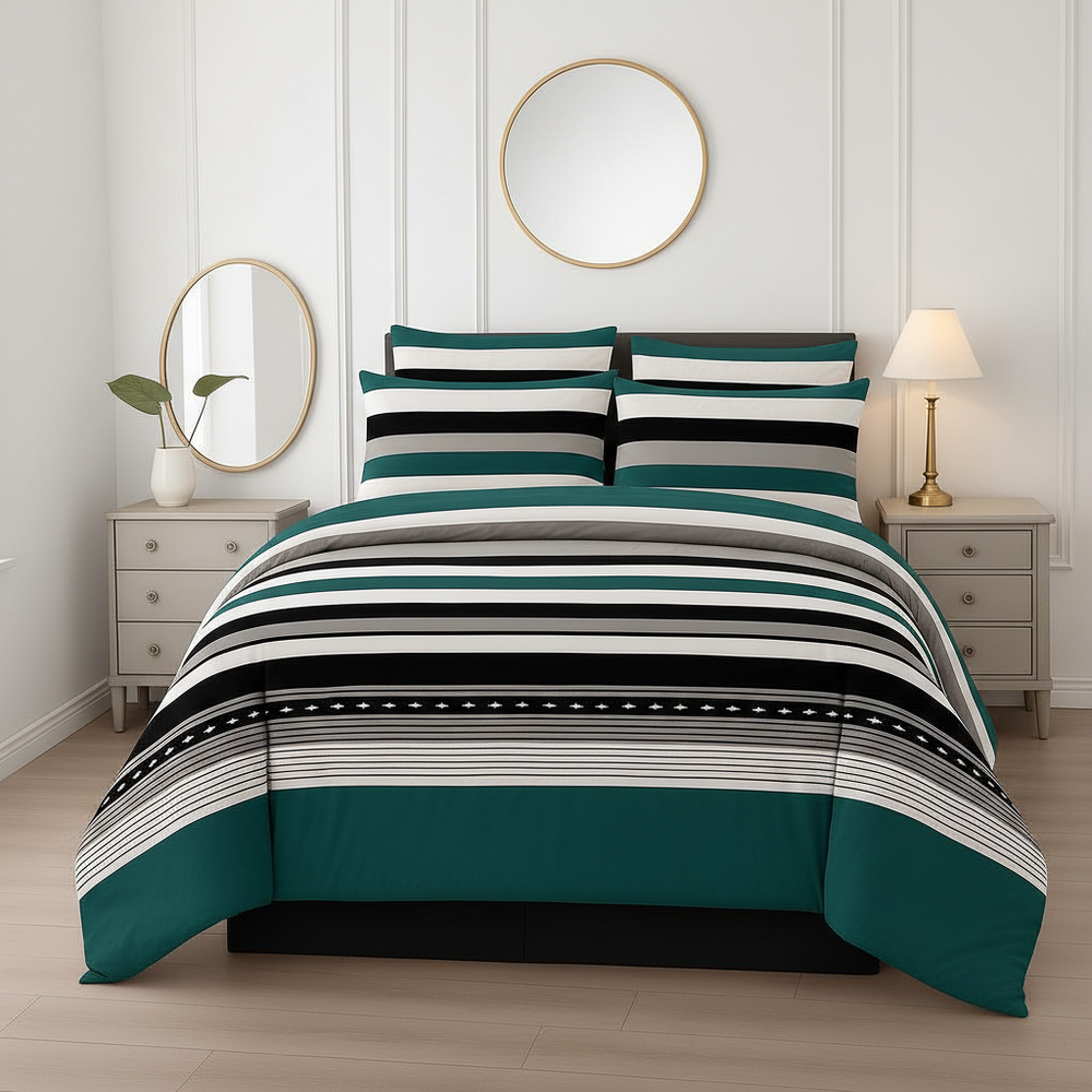 Teal Striped Comforter - Straight Front View